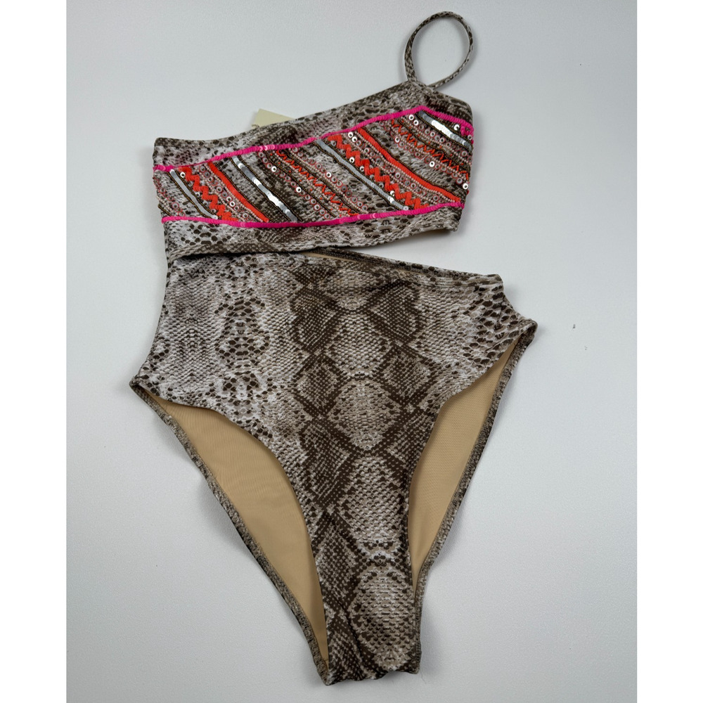 Ramy Brook One Piece Printed Cassia One Shoulder Sequin Swimsuit Size XS